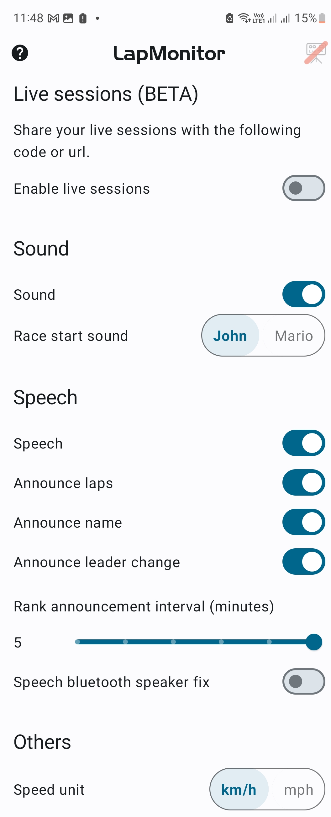 LapMonitor Android app general settings